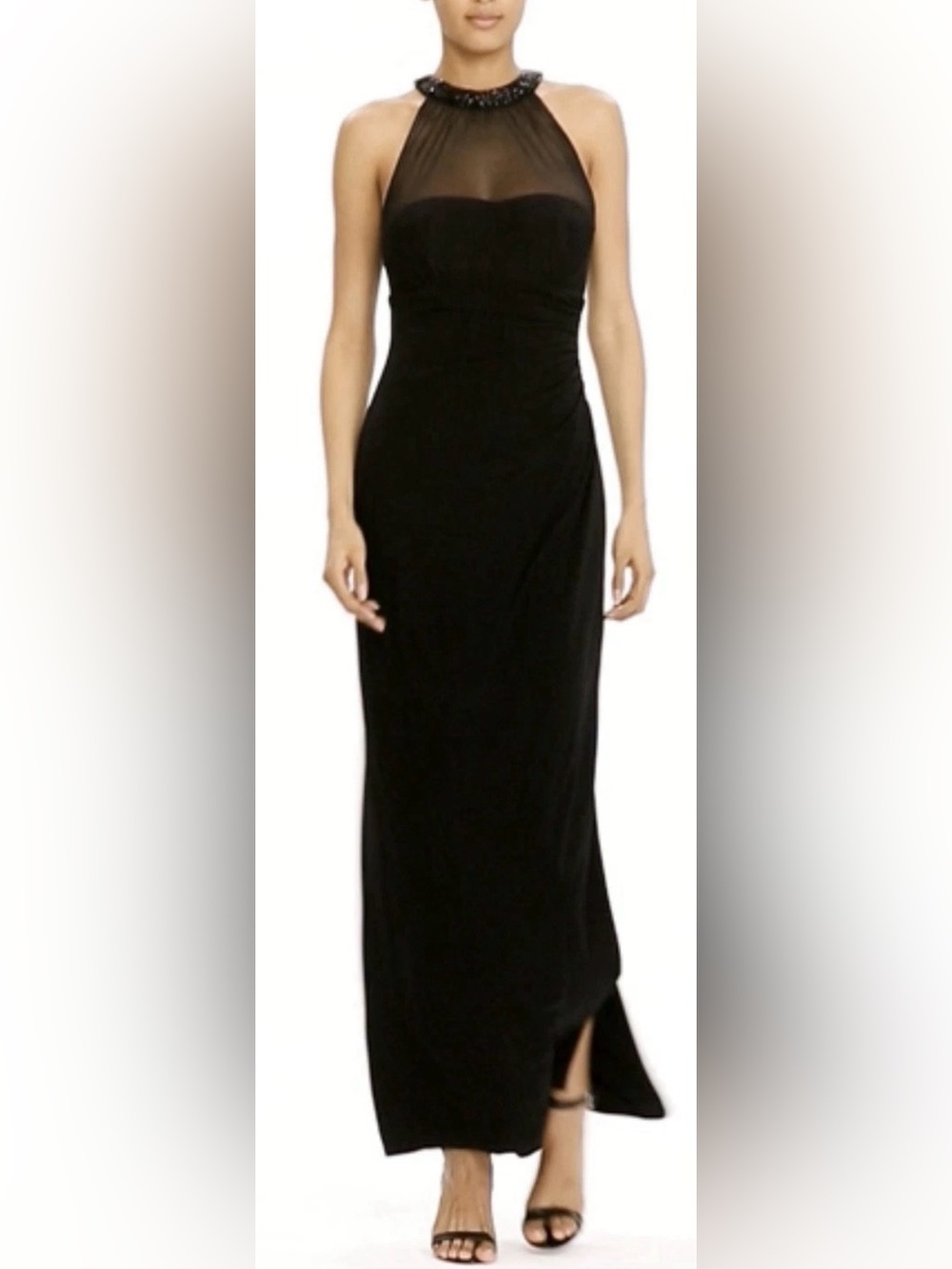 NEW Ralph Lauren Mesh-Yoke Beaded Collar Stretch Jersey Black Halter Gown Size 6